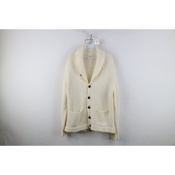 Vtg 70s Dapper Mens Large Blank Chunky Ribbed Knit Shawl Cardigan Sweater Cream - Picture 1 of 15